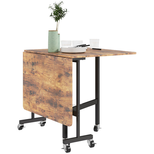 Retro Style Six-Seater Drop-Leaf Dining Table, with Wheels - Brown Wood-Effect