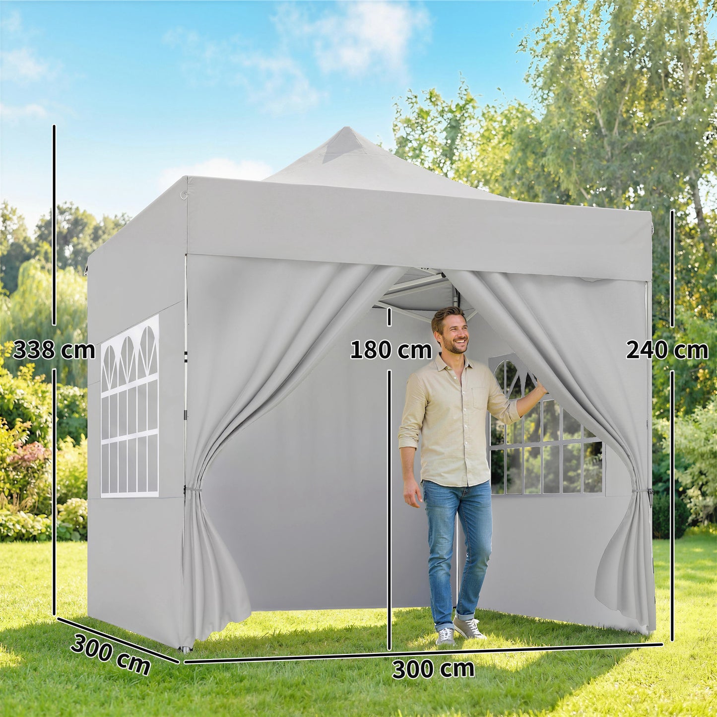 3x3m Heavy-Duty Peak-Top Pop-Up Gazebo | 420D UPF50+ Oxford Fabric | 4 Removable Sidewalls | Zipper Door & Windows | 3-Height Adjustment | 8 Drainage Holes | 4 Sandbags, 4 Guy Ropes & 8 Stakes | Wheeled Carry Bag | Silver Grey