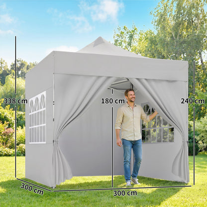 3x3m Heavy-Duty Peak-Top Pop-Up Gazebo | 420D UPF50+ Oxford Fabric | 4 Removable Sidewalls | Zipper Door & Windows | 3-Height Adjustment | 8 Drainage Holes | 4 Sandbags, 4 Guy Ropes & 8 Stakes | Wheeled Carry Bag | Silver Grey