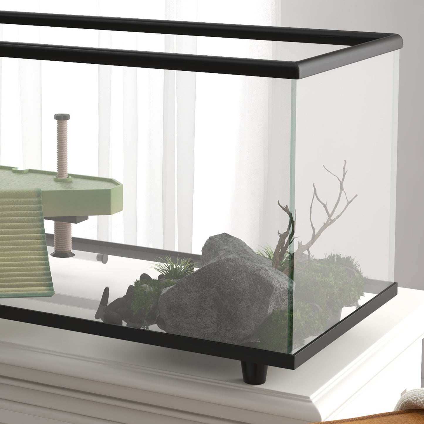 PawHut 50L Glass Turtle Tank Aquarium with Basking Platform, Easy-Drain, Strip Patch Thermometer