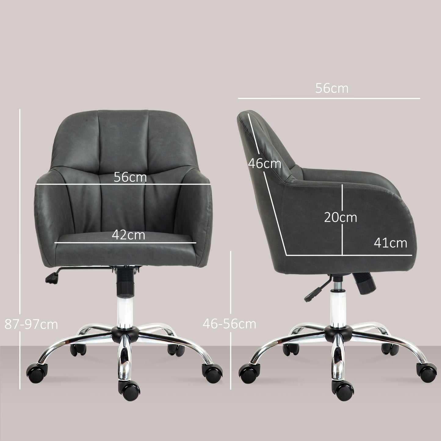 Computer Desk Chair, PU Leather Swivel Office Chair, Makeup Vanity Chair with Height Adjustable, Wheels, for Home Study Bedroom, Grey