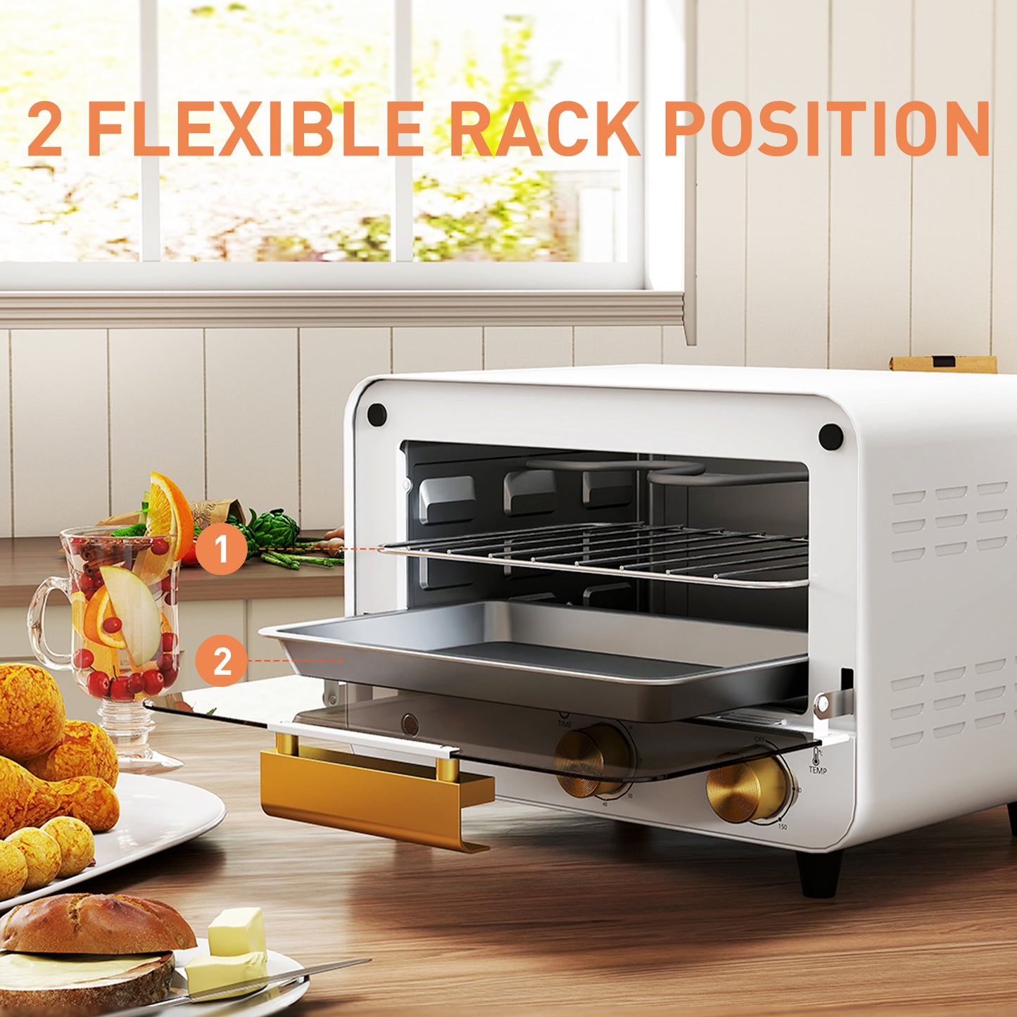 Small Toaster Oven, 12L Multifunction Mini Countertop Oven with Glass Door, Adjustable Temperature and Timer, Accessory Included, 750W, White