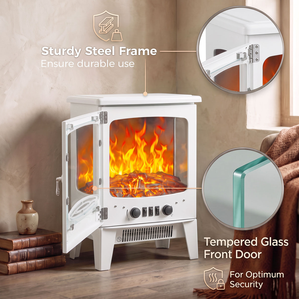 Freestanding Electric Stove | 900W/1800W Heater | 3-Sided Glass & Adjustable Flame Effect | 39 × 26 × 54.8cm | White or Grey
