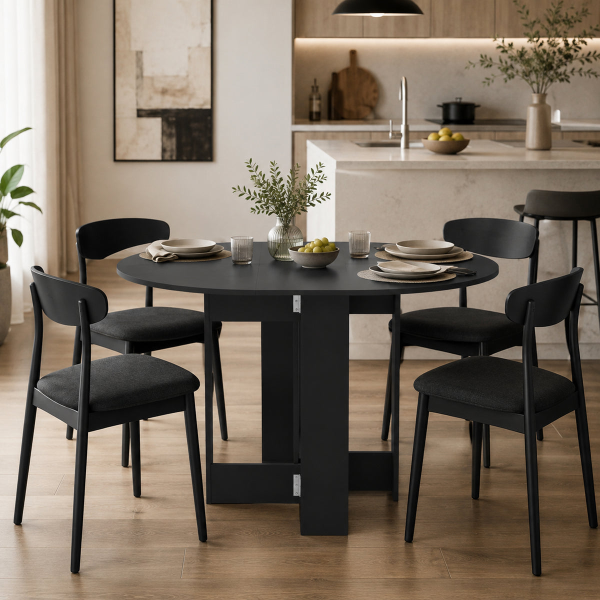 Black Drop-Leaf Dining Table | Folding Space-Saving Table with 3 Configurations | Seats 2-4 | 104 x 76 x 73.7 cm | Kitchen & Small Apartment Furniture