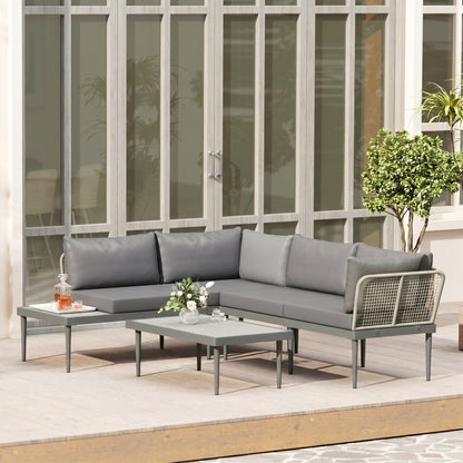 3-Piece Rattan Garden Sofa Set | 2 Loveseats | Acacia Wood End Table & Coffee Table | 10cm Seat & 20cm Back Cushions | Washable Covers | 320kg Capacity | PE Rattan & Steel | Grey