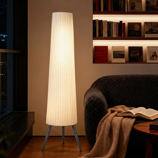 Nordic Dimmable Tripod Floor Lamp | 3-Level Foot Switch | Pleated Fabric Shade | 3000K Warm White | 10.5W 900lm | Steel & Wood Tripod Base | 46x46x153cm | 15-Min Assembly | White