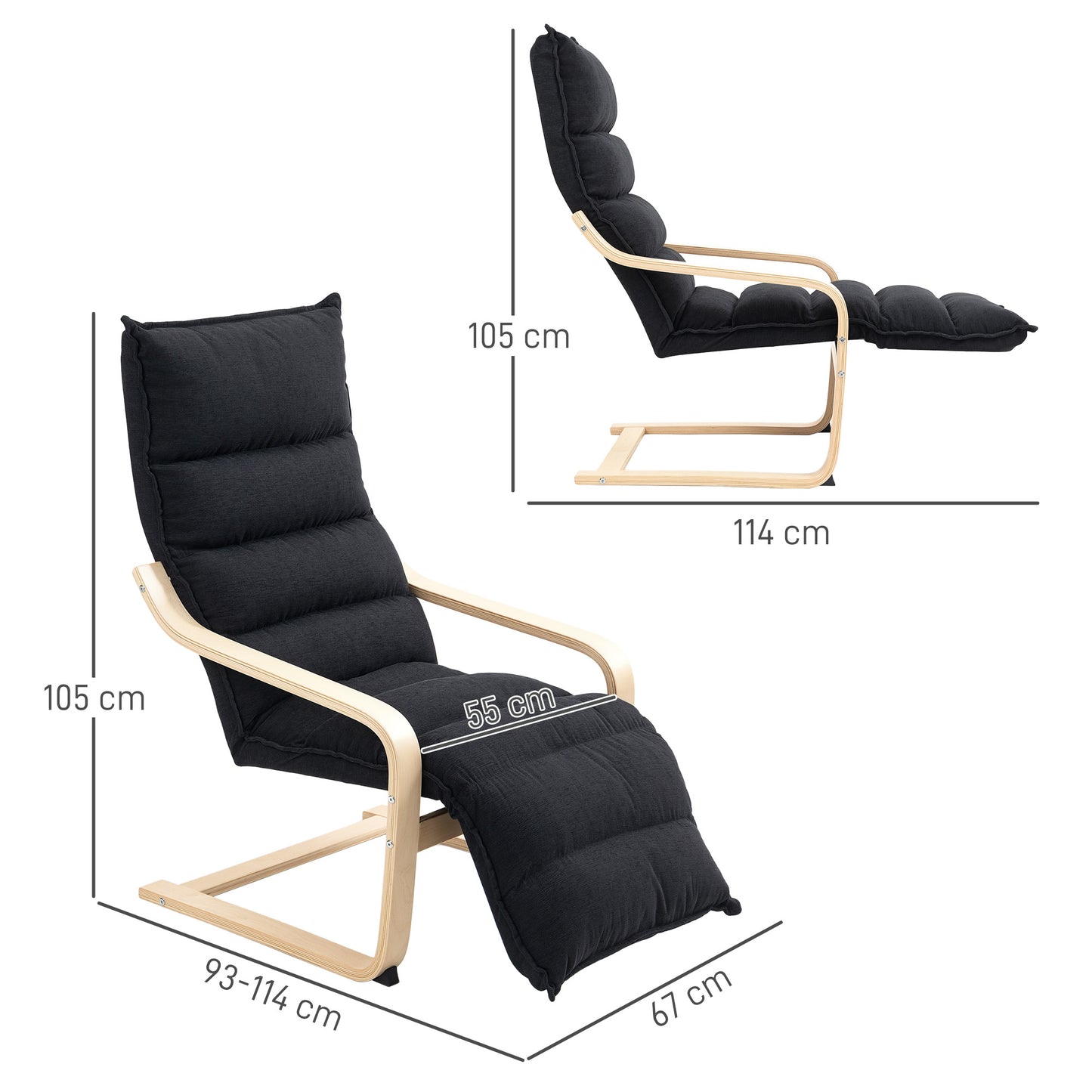 Wood Lounge Chair, Upholstered Recliner Lounge Seat with Adjustable Footrest, Armchair for Living Room, Bedroom, Balcony, Office, Black