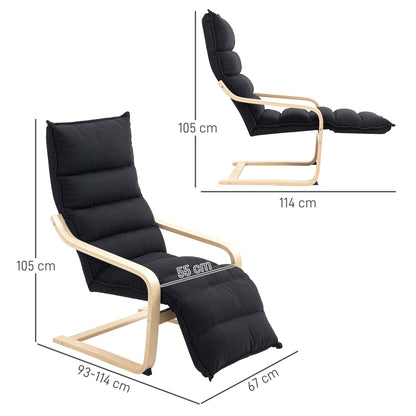 Wood Lounge Chair, Upholstered Recliner Lounge Seat with Adjustable Footrest, Armchair for Living Room, Bedroom, Balcony, Office, Black