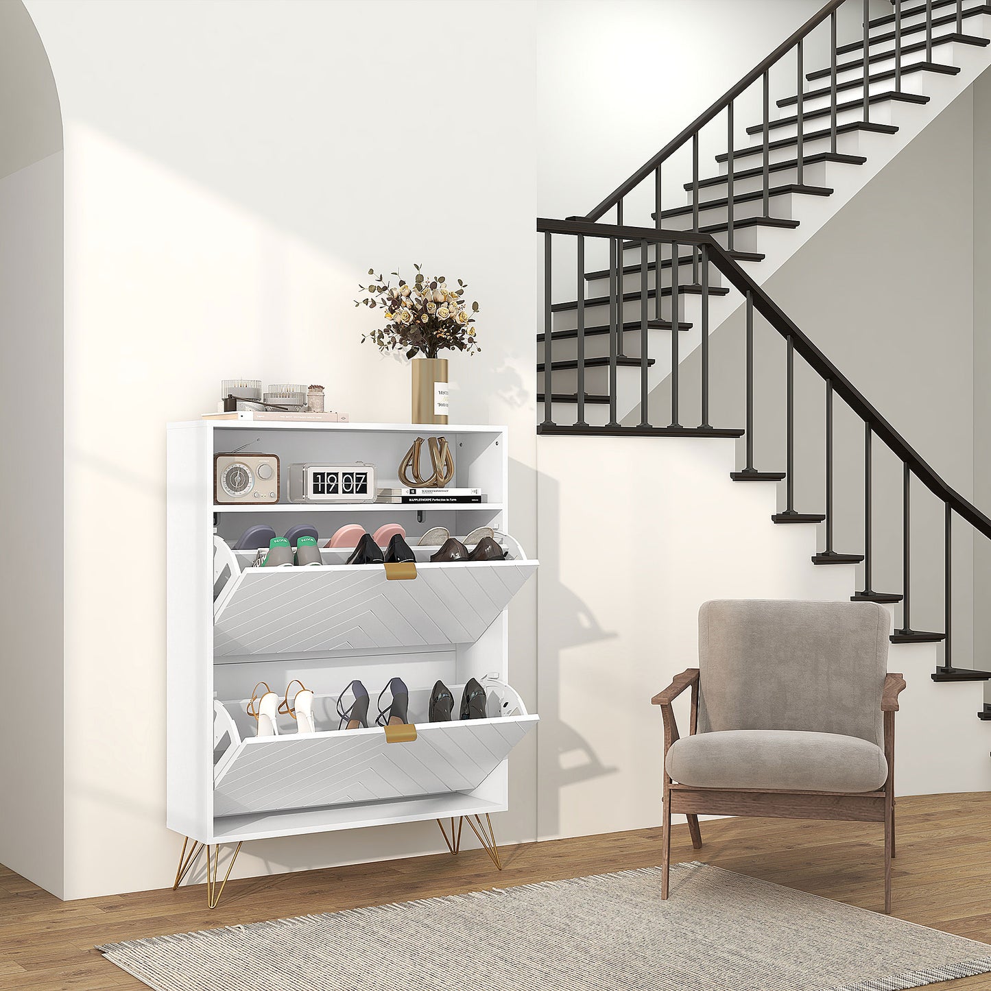 Modern Shoe Storage Cabinet with 2 Flip Drawers for 12 Pairs, Narrow Shoe Organizer for Entryway, Hallway, White