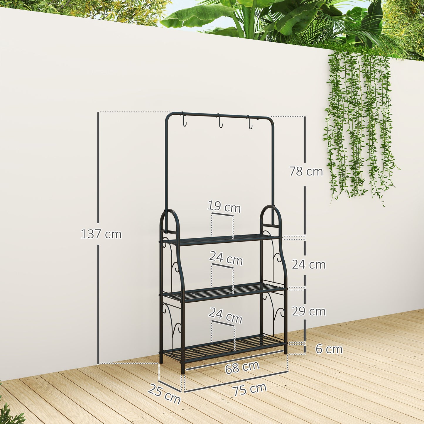 3 Tier Plant Stand with Hanging Rod and Hooks, Metal Plant Rack Shelf, Ladder Flower Pot for Indoor Outdoor, Black