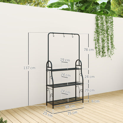 3 Tier Plant Stand with Hanging Rod and Hooks, Metal Plant Rack Shelf, Ladder Flower Pot for Indoor Outdoor, Black