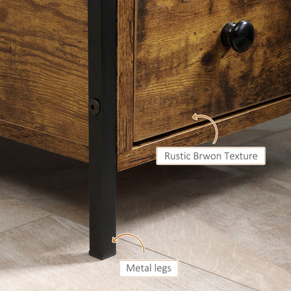 Set of 2 Side Table, Narrow Bedside Table with 2 Drawers and Storage Shelf, Industrial End Table for Small Spaces, Rustic Brown