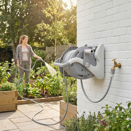 2-in-1 Wall Mounted & Portable Garden Hose Reel | 20+2m | Burst-Proof Hose | 2-Pattern Spray Nozzle | Crank Handle | Rust-Proof PVC | Grey