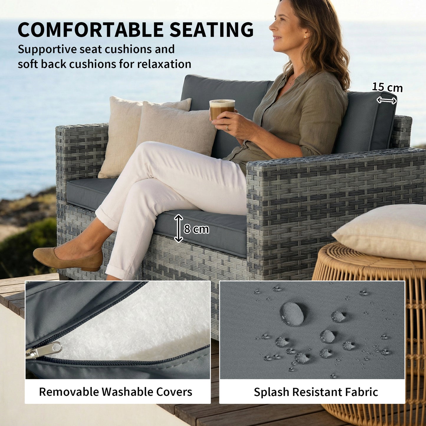 2-Seater PE Rattan Garden Sofa | 60cm Deep Seat | 8cm Seat & 15cm Back Cushions | Wide Armrests | Powder-Coated Steel Frame | Adjustable Foot Pads | 240kg Capacity | 128x68x71cm | Mixed Grey