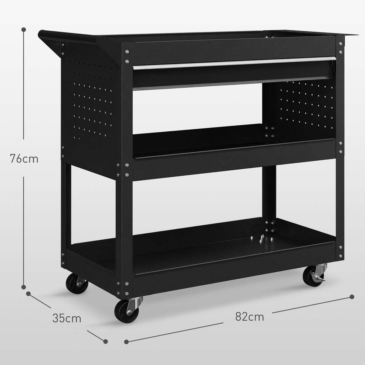 3-Tier Steel Tool Trolley Cart with Rolling Wheels & Brakes | 3 Storage Trays | Side Handle | 60kg Total Capacity | Scratch & Corrosion Resistant | 82x35x76cm | Garage Workshop | Assembly Required | Black