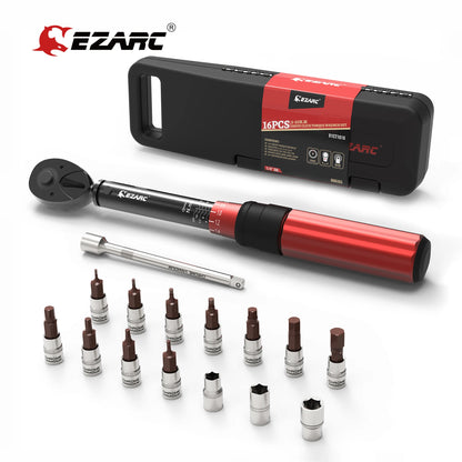 EZARC 16Pcs 1/4'' Torque Wrench Set with Double Scale 2-20 Nm, Precise Ratchet Wrench Repair Spanner Key Bicycle Maintenance Kit