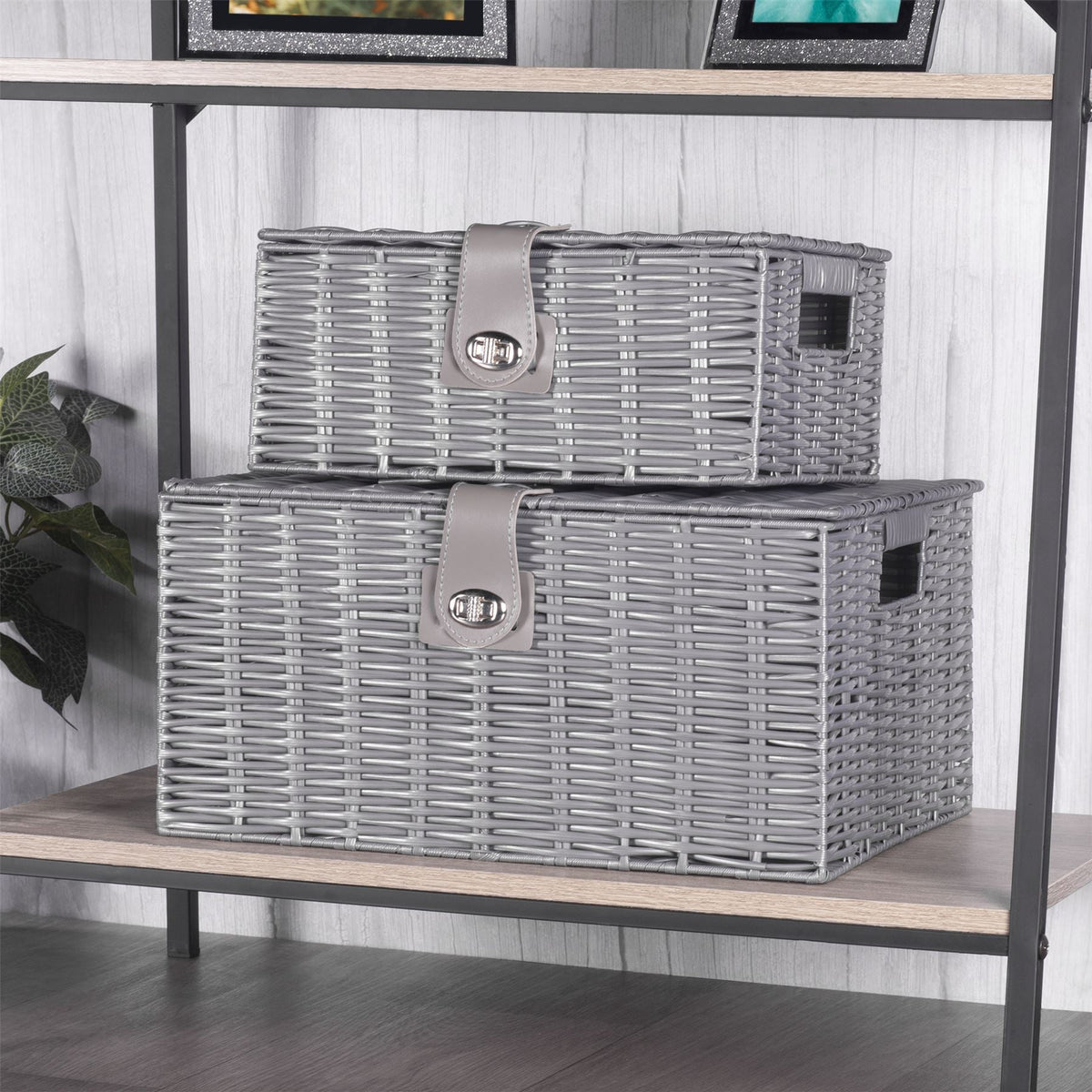 Maison & White Resin Woven Storage Baskets | Set of 3 Grey Lidded Boxes | Small, Medium & Large | Side Handles & Twist Clasps