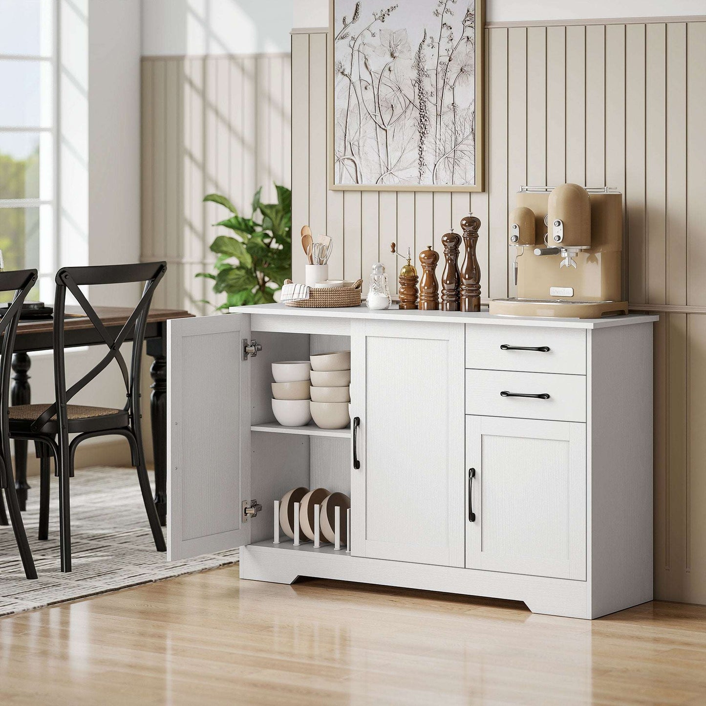 Sideboard with 2 Drawers Modern Storage Cabinet, Kitchen Cupboard with Adjustable Shelf and 3 Doors White