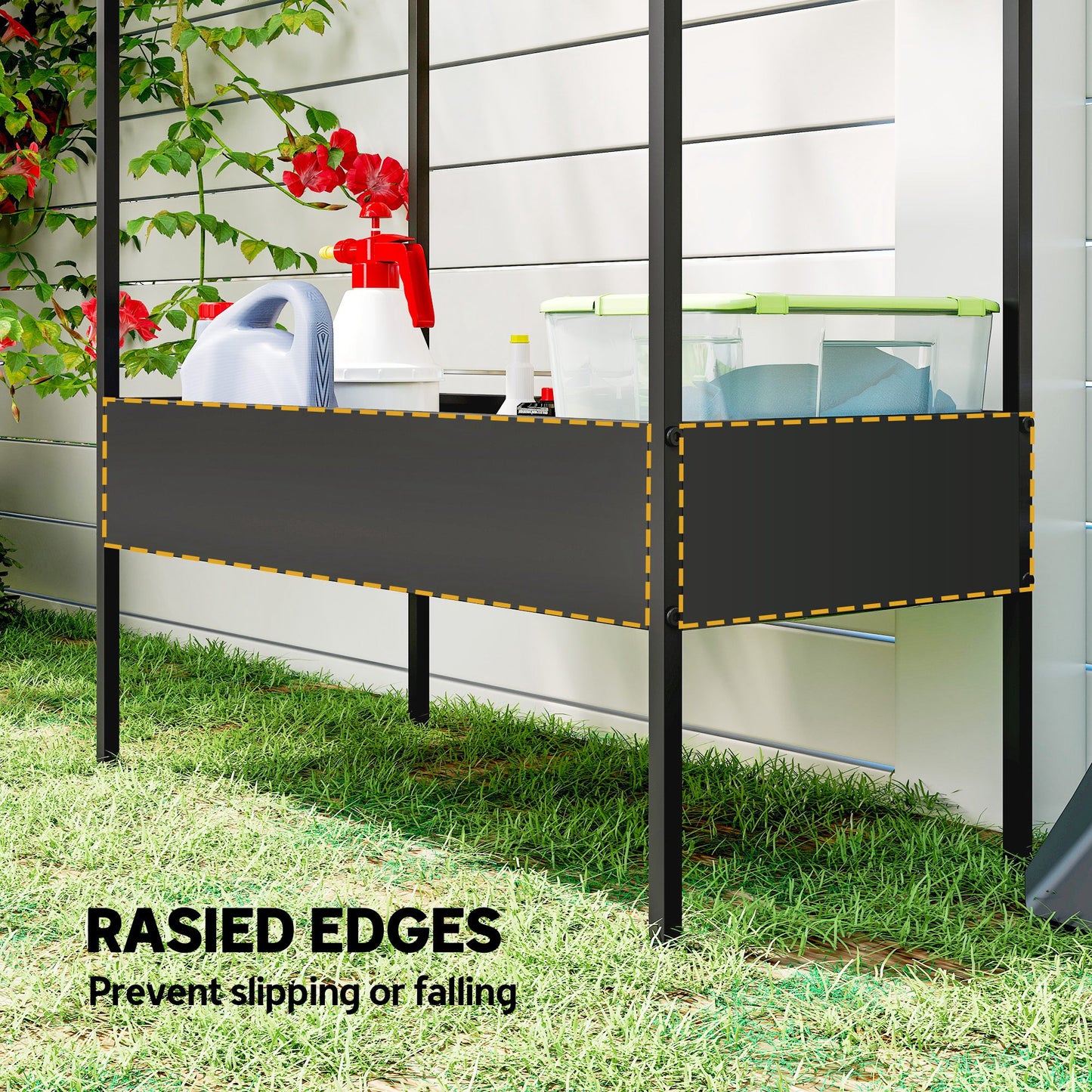 2-Tier House-Shaped Plant Stand with Top Hook | Powder-Coated Metal | 13cm Raised Edges | Adjustable Levelling Feet | 40kg per Tier | 80kg Total | 75x35x150cm | Indoor & Outdoor | Black