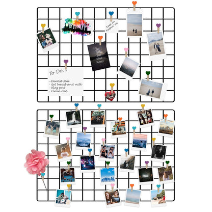 Pukkr Black Wire Grid Photo Wall Panels | Pack of 2 | 58 × 44cm Steel Memo Boards with 10 Heart Pegs & Hooks