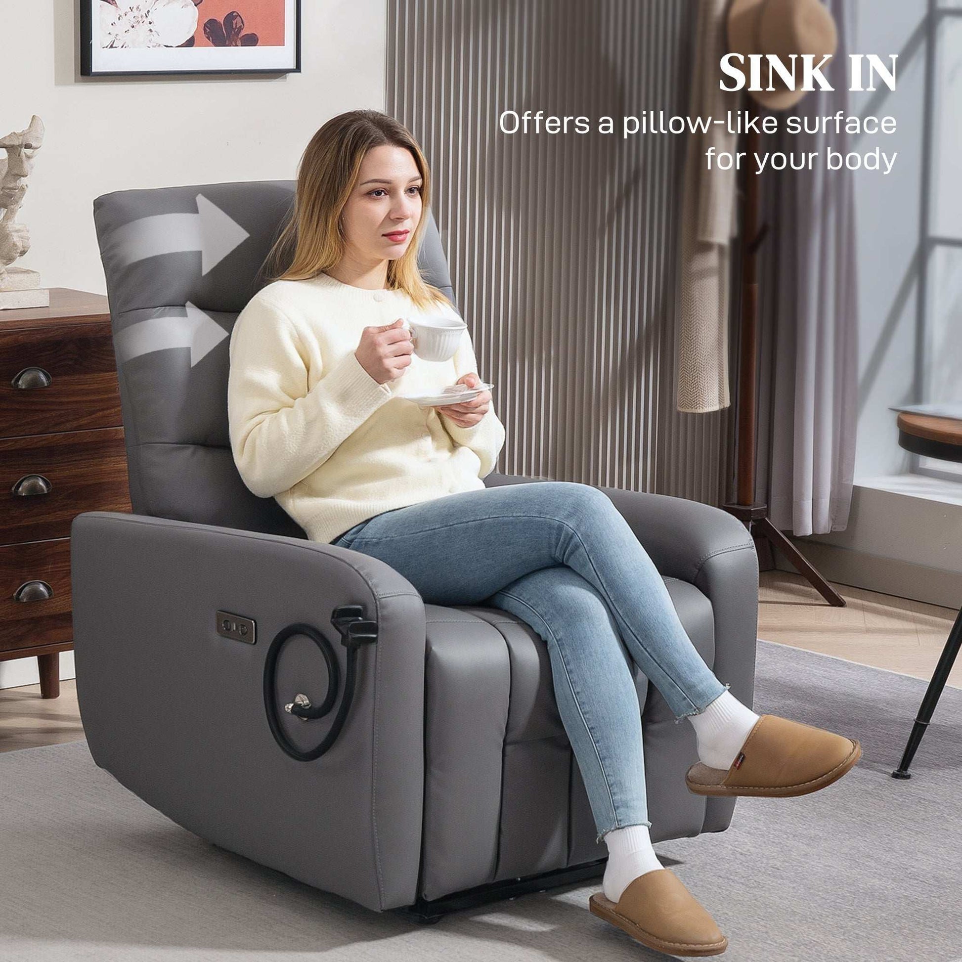 Electric Recliner Armchair with USB + Type C Charge Port, Phone Holder, PU Leather Reclining Chair for Home, Grey
