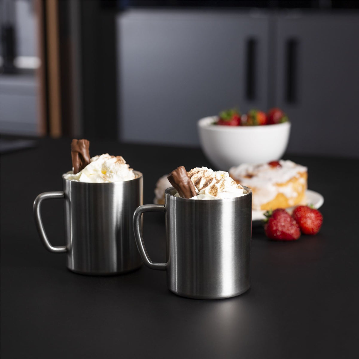 Maison & White Stainless Steel Mugs | Set of 2 × 300ml | Double-Walled Brushed Silver Tea & Coffee Cups with Handles | Home, Office & Camping