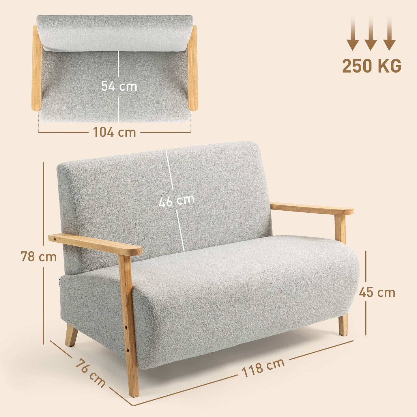 Small Sherpa Fabric 2 Seater Sofa Settee - Light Grey