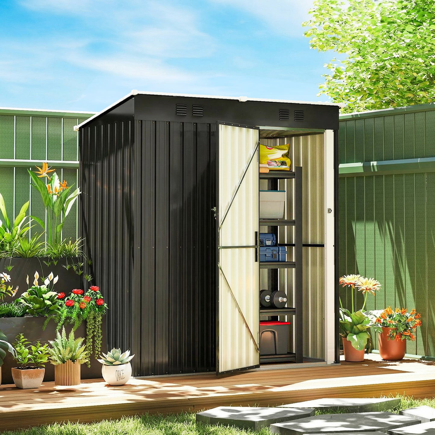 Compact Lean-To Galvanised Steel Garden Storage Shed | Lockable Door | Vent System | Sloped Roof | 20kg/㎡ Snow Load | 163x90x179cm | Patio & Flagstone | Dark Grey & White