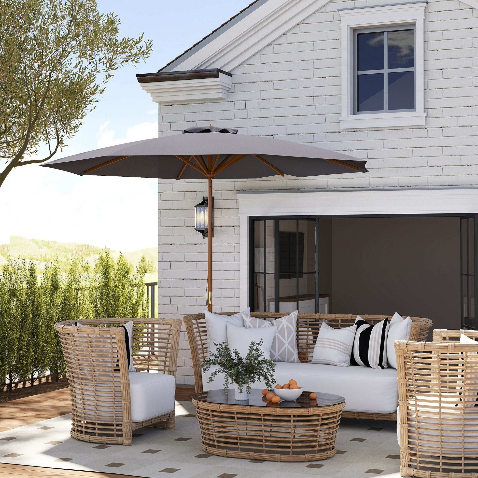 Outsunny 3(m) Wooden Patio Parasol Umbrella - Dark Grey