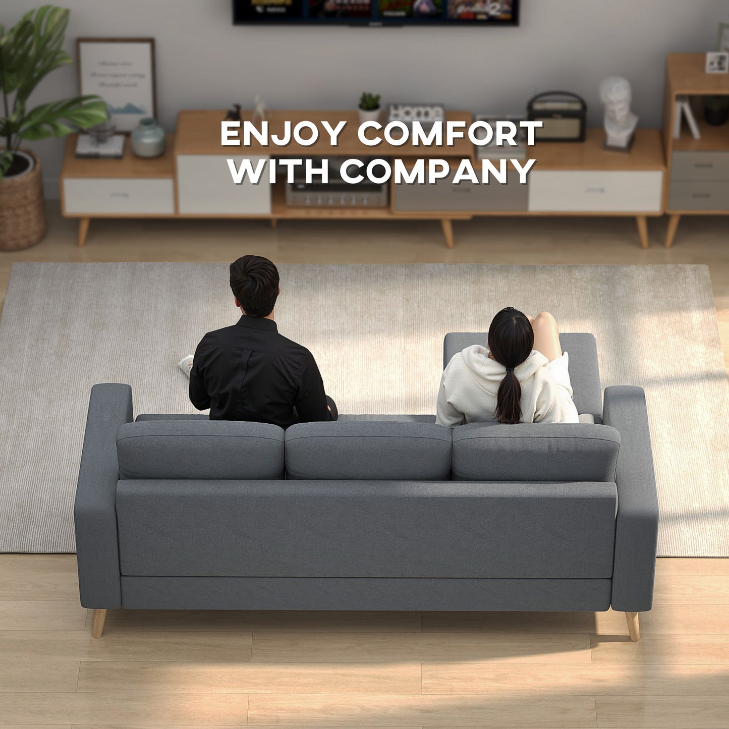 3 Seater Sofa with Footstool, Fabric L-Shaped Sofa, Sectional Couch with Wood Legs, Tufting Cushioned Back for Small Space, Living Room, Office,