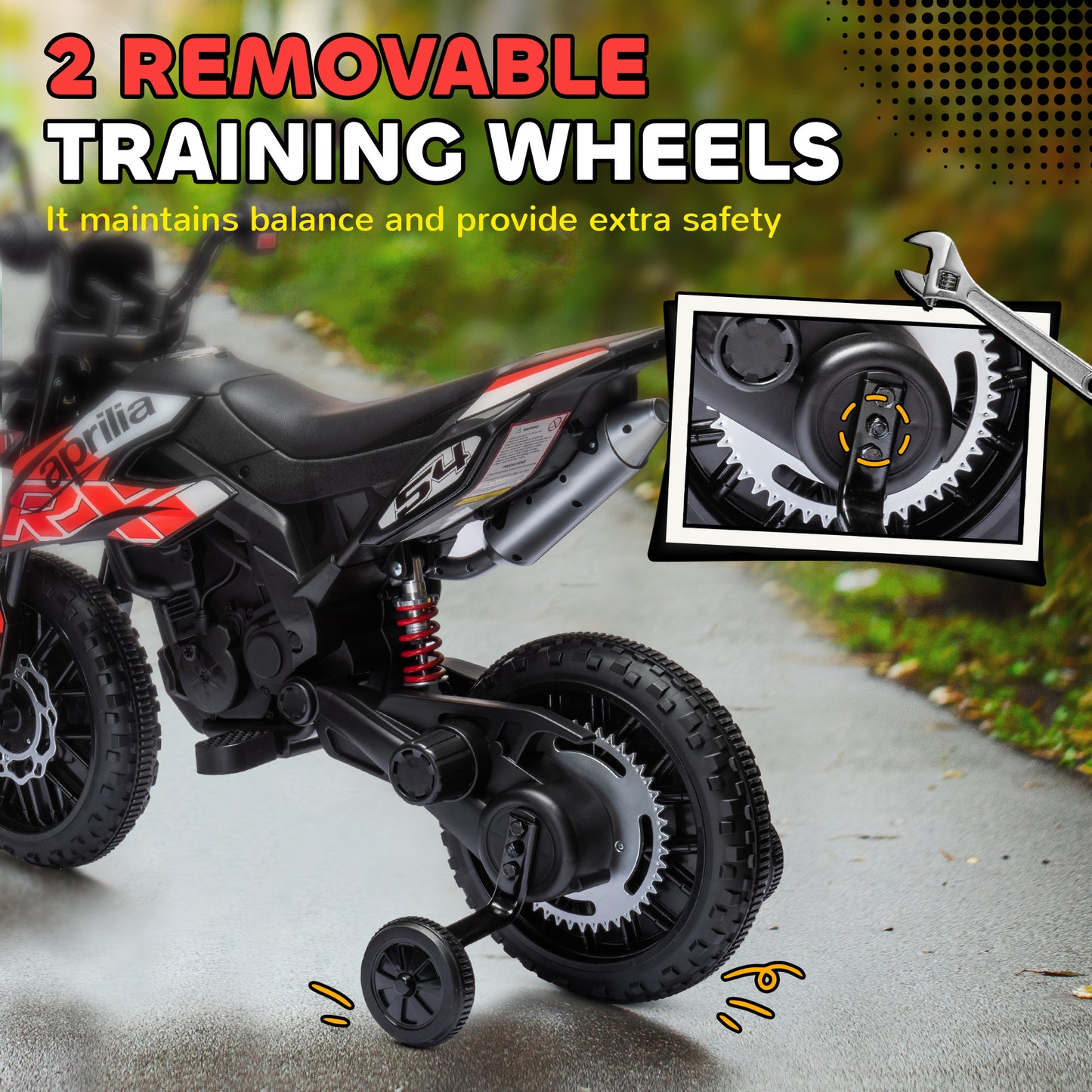 AIYAPLAY 12V Aprilia Licenced Kids Motorbike with Training Wheels, Spring Suspension, LED Light, USB, Music, Red / Yellow