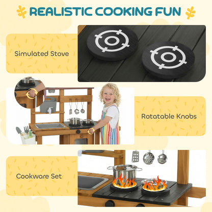 Children's Wooden Mud Kitchen with Wheels – Running Water Tap, Stove, Flower Pots & 12 Stainless Steel Accessories, Ages 3–6