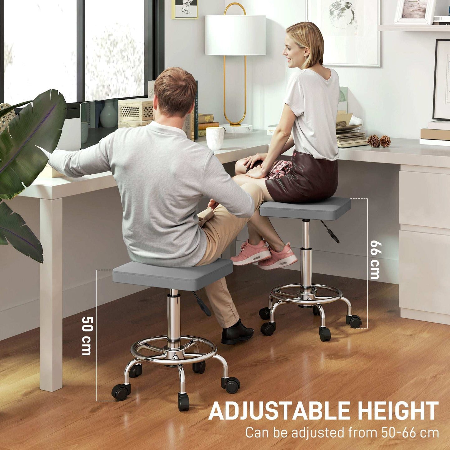 Adjustable PU Leather Rolling Stool - Grey