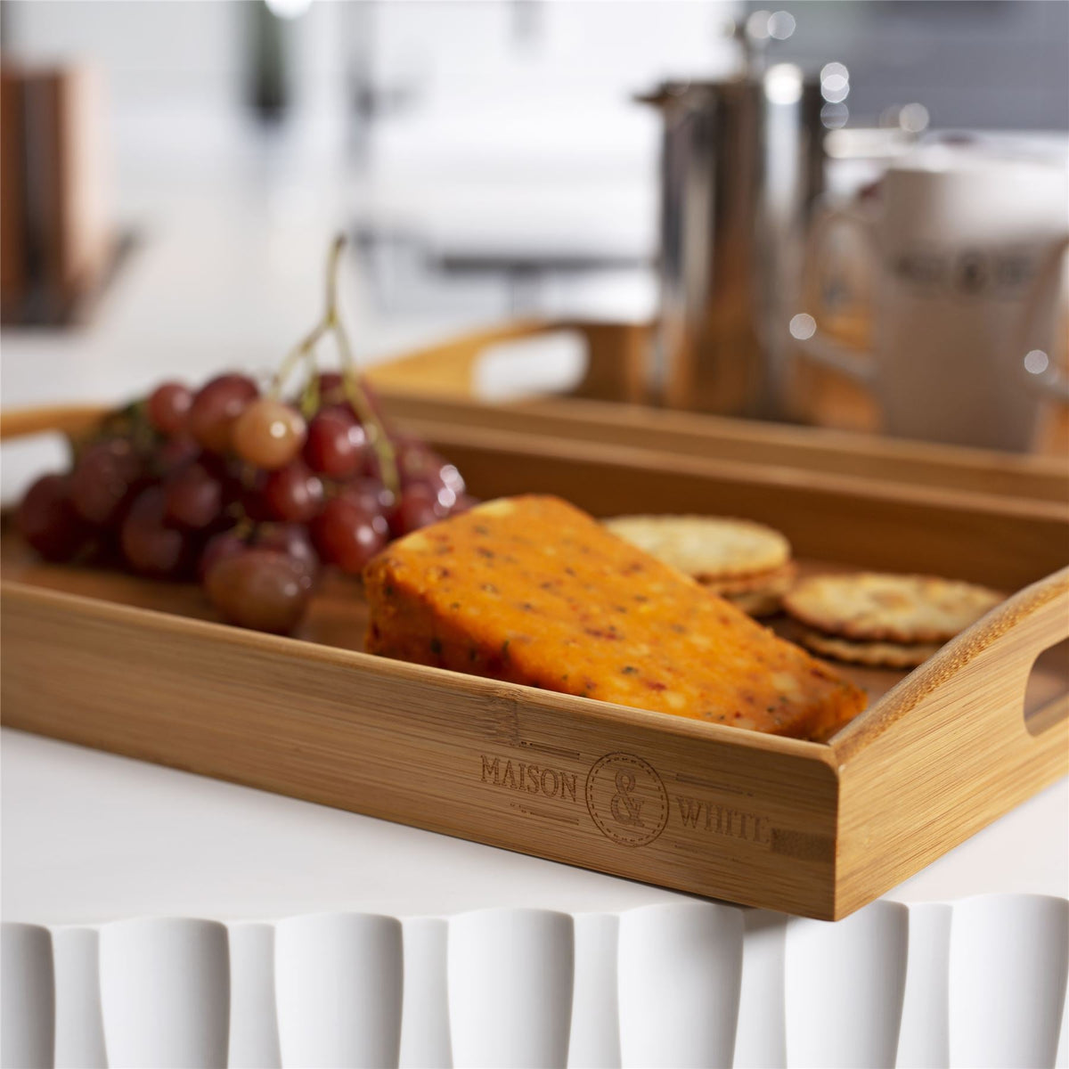 Maison & White Bamboo Serving Trays | Set of 3 Nesting Rectangular Trays | Raised Edges & Carry Handles | Natural Finish