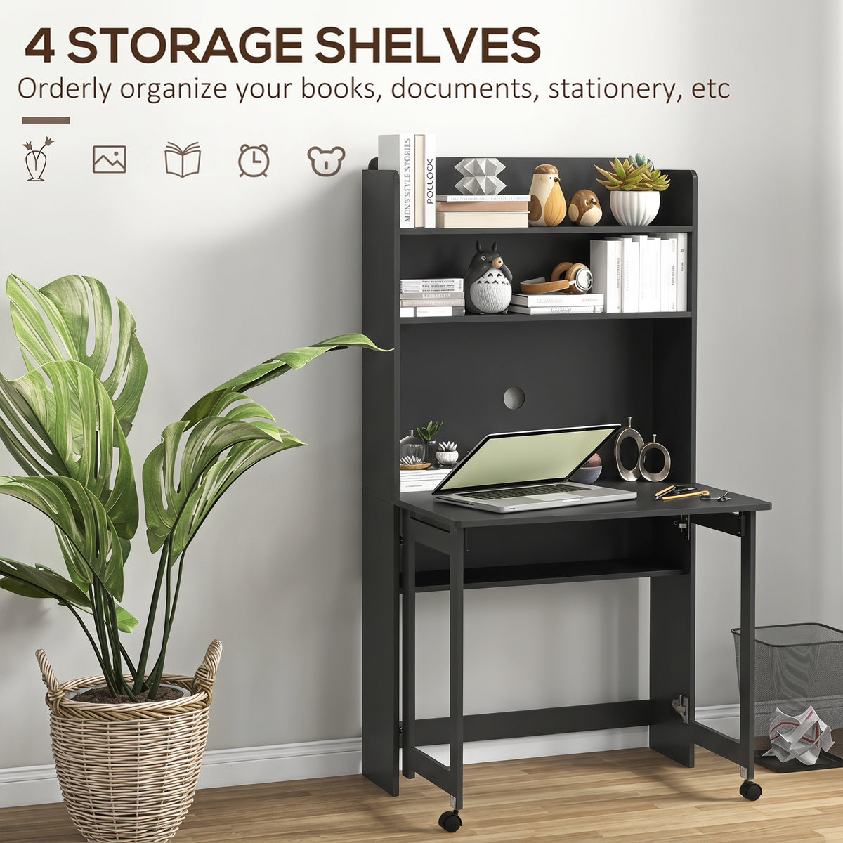 Foldable Computer Desk | Storage Shelves | 80 x 69 x 155 cm | Black
