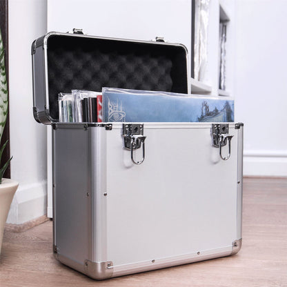 Maison & White Vinyl LP Record Storage Case | Holds Up to 50 × 12-Inch Records | Silver Aluminium, Foam Lining & Twin Lockable Latches | 2-Year Warranty