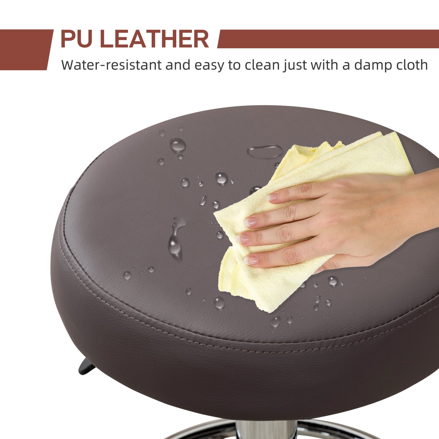 PU Leather Rolling Salon Stool | Height Adjustable 50-64cm | Dia 42cm | Thick Foam Seat | Footrest | 5 Wheels | Backless | 110kg | Grey