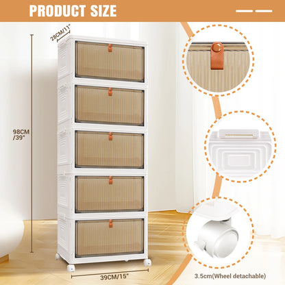 3/4/5-Tier Storage Boxes with Lid, Plastic Storage Boxes with 4 Universal Wheels, Organiser for Bedroom Living Room Study Office