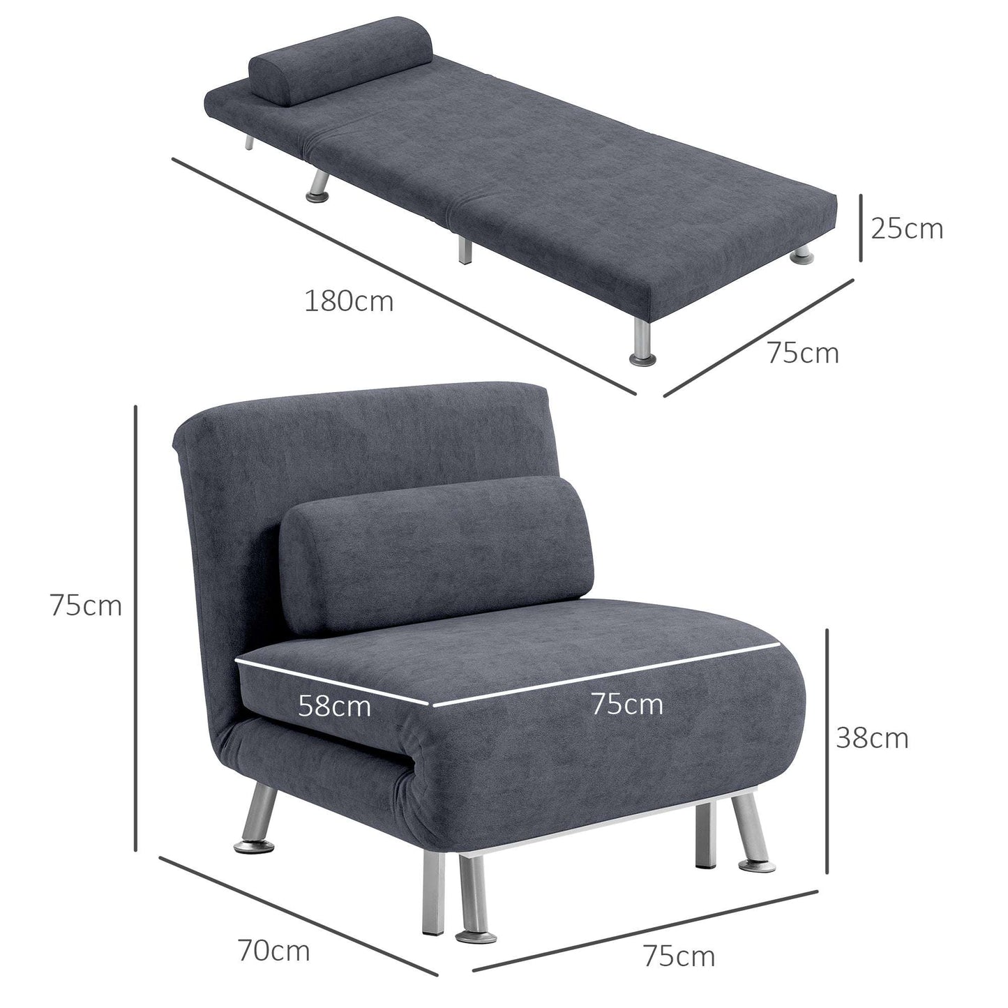 Single Sofa Bed, 1 Person Sleeper Foldable Lounge with Pillow, Charcoal Grey