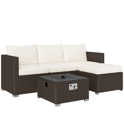 Outsunny Five Piece Rattan Garden Furniture Set with Gas Fire Pit Table and Footstool - Brown and Cream White