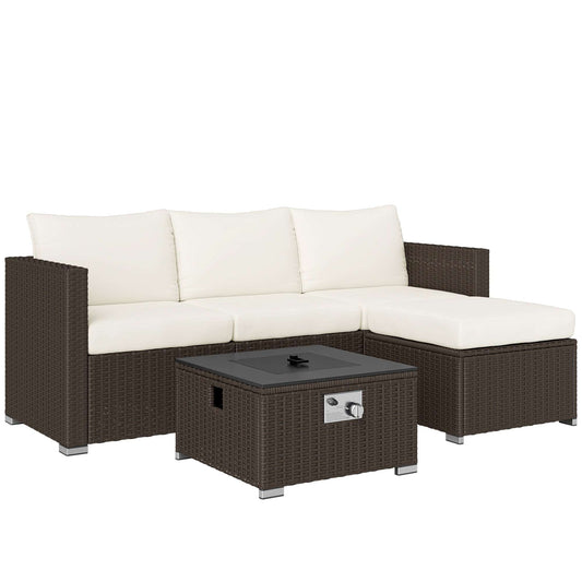 Outsunny Five Piece Rattan Garden Furniture Set with Gas Fire Pit Table and Footstool - Brown and Cream White