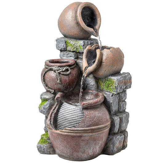 4-Tier Resin Waterfall Fountain with Built-In Planter | Warm White LED Lights | 3-Speed Adjustable Pump | 5W | 230V | 3m Cable | 31x30x59cm | Garden & Patio | Rustic Brown