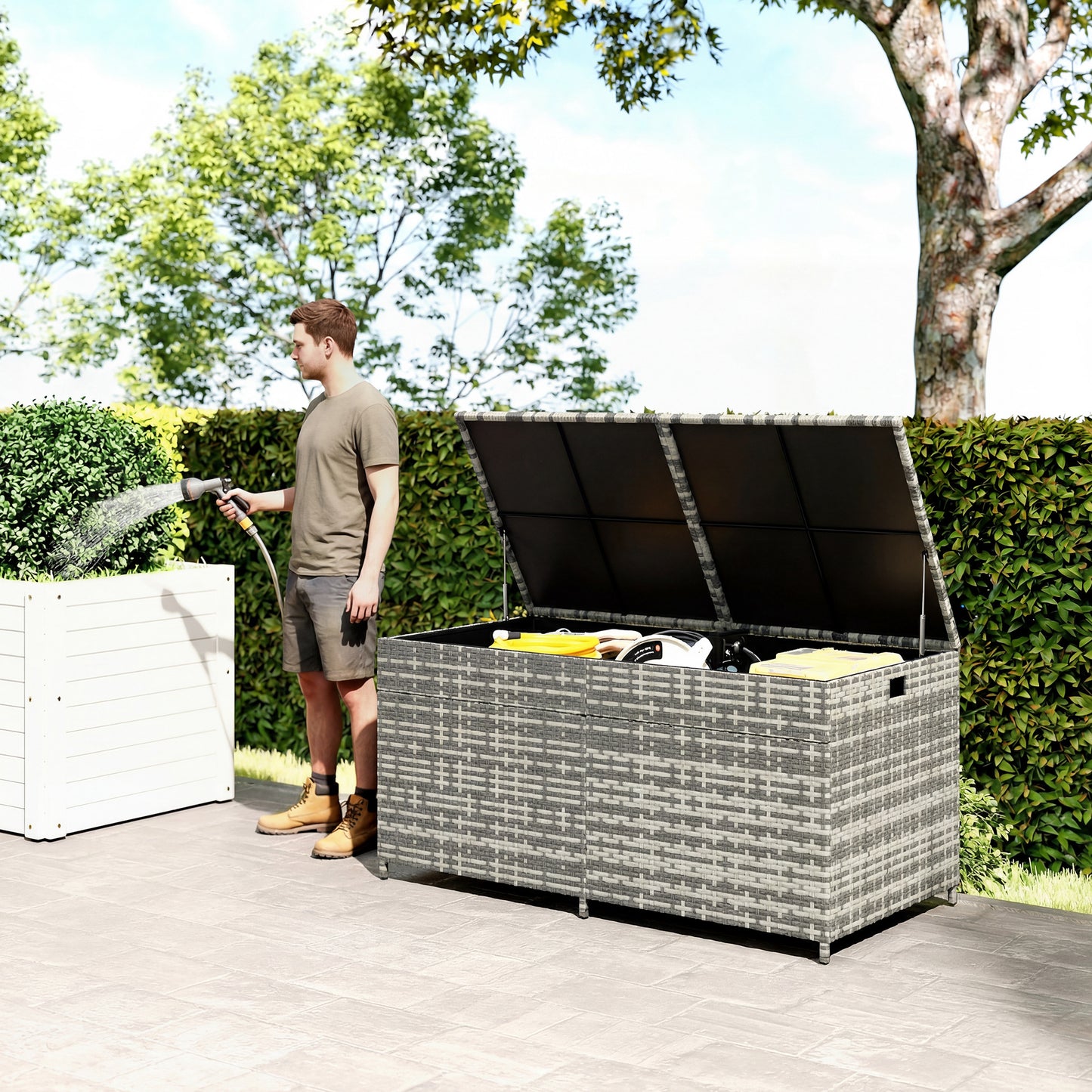 650L Garden Storage Box | Rattan | Waterproof Zipped Liner | Gas-Assisted Lid | 2 Wheels | UV Resistant | 150x75x74cm | 100kg | Mixed Grey