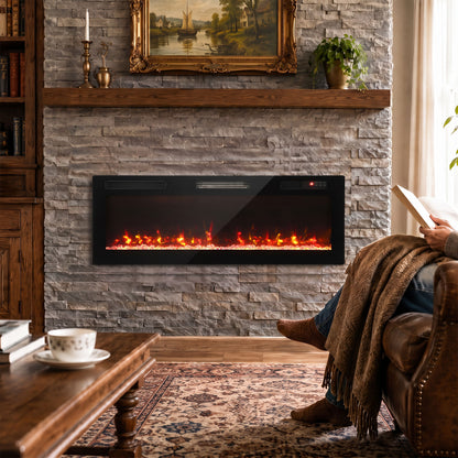 Slim Electric Fireplace | 127cm, 900/1800W | Crystal Effect, 12 Colours & Remote | Wall-Mounted, Recessed or Freestanding | Black