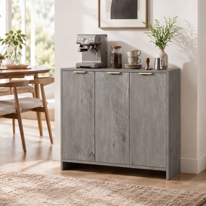 Modern Sideboard Cabinet | 3 Doors | Adjustable Shelves | Gold Handles | Anti-Tip Kit | 40kg | Living Room & Dining Room | Grey