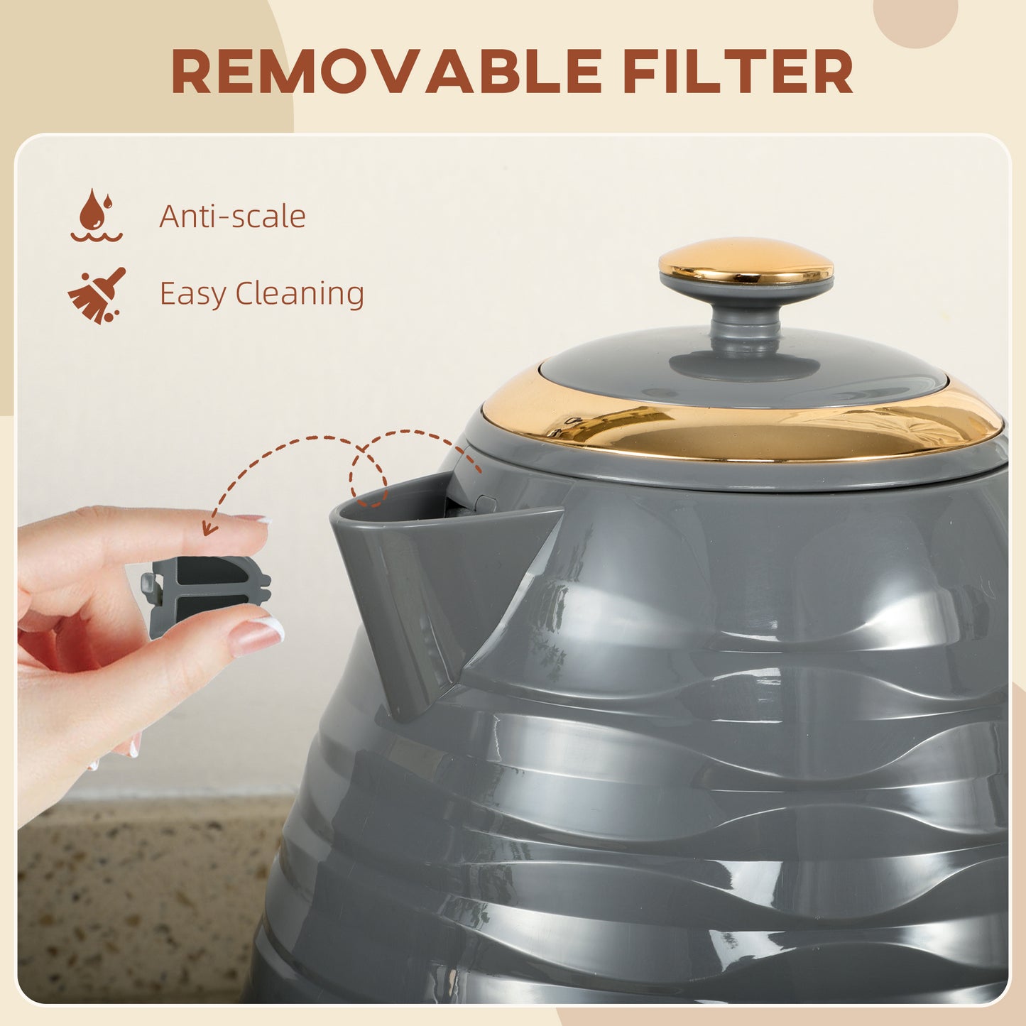 Electric Kettle, 1.7L, Fast Boil, 3kW Water Kettle with Removable Washable Anti-scale Filter, Auto Shut-off, 360° Swivel, BPA Free - Grey