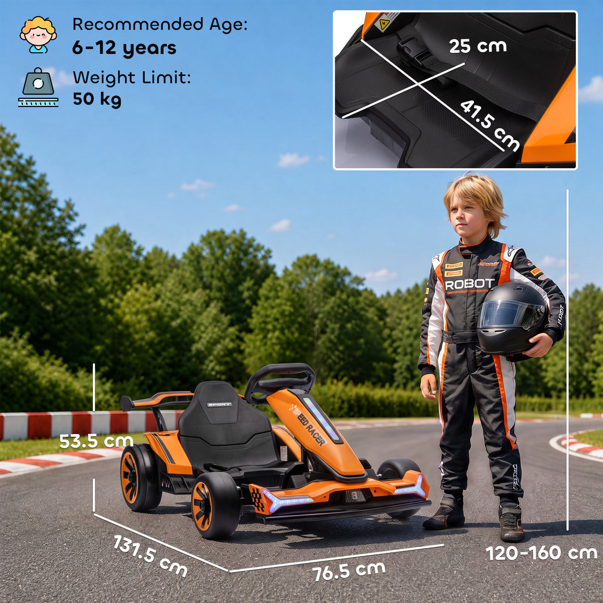 24V Electric Go Kart for Kids | Drift Mode In-Place Spin | 3 Speeds 8–12km/h | Slow Start Forward & Reverse | Adjustable Seat | Multicolour Lights Music Horn USB | 2-Point Belt | 50kg | 131.5x76.5x53.5cm | Ages 6–12 | Orange Blue Pink Black