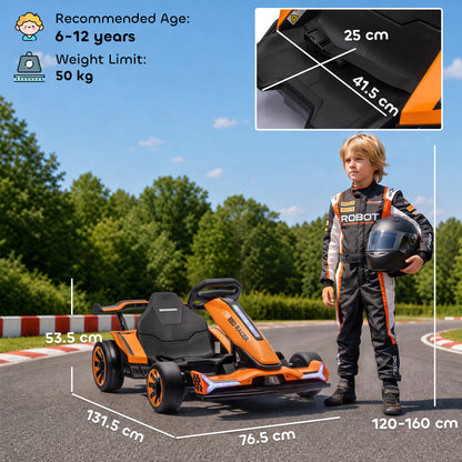 24V Electric Go Kart for Kids | Drift Mode In-Place Spin | 3 Speeds 8–12km/h | Slow Start Forward & Reverse | Adjustable Seat | Multicolour Lights Music Horn USB | 2-Point Belt | 50kg | 131.5x76.5x53.5cm | Ages 6–12 | Orange Blue Pink Black