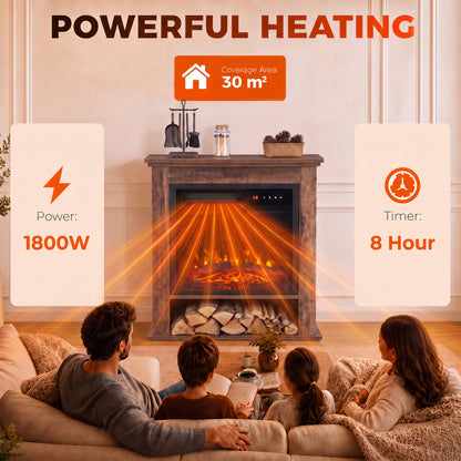 1800W Electric Fireplace Suite | Oak-Tone or Black Surround & Display Shelf | C Energy Rating | 5 Flame Brightness & Speed Settings | Timer & Remote