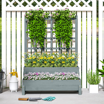 2-Tier Raised Garden Bed with Trellis, Wooden Elevated Planter Box Outdoor Raised Planter for Climbing Plants, Fruits, Vegetables, Flowers, Grey